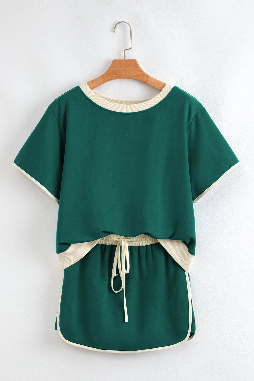EVERGREEN COLORBLOCK EDGE DROP SHOULDER T-SHIRT AND SKORT SET