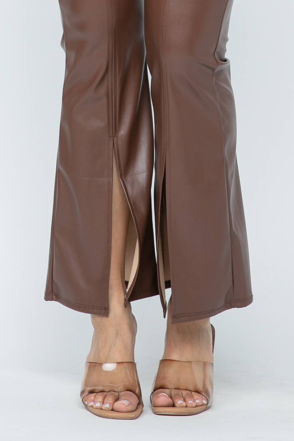 Pu Leather High Waisted Front Slit Hem Back Zipper Pants
