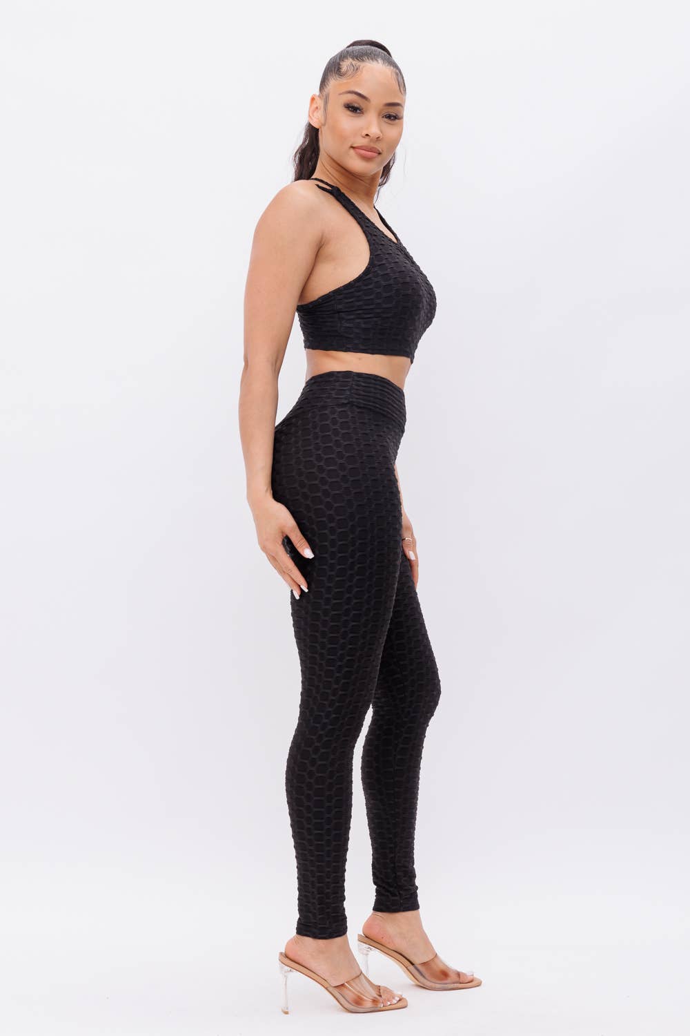 black Front Keyhole Detail Crop Top And Leggings Set