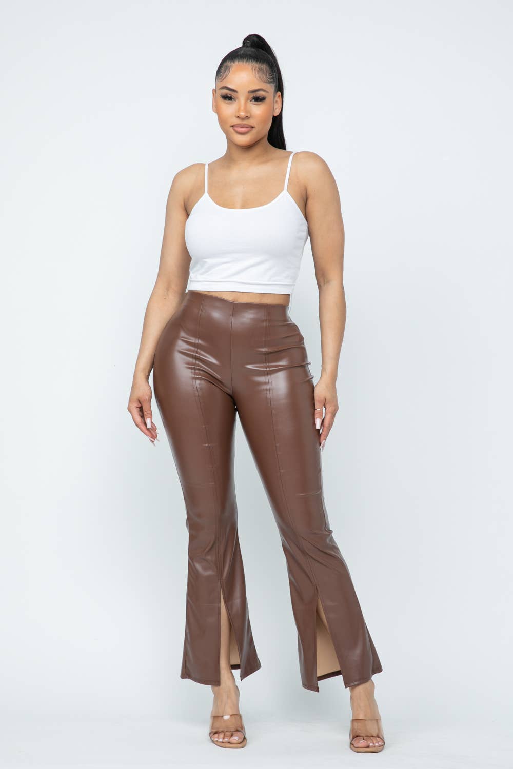 Pu Leather High Waisted Front Slit Hem Back Zipper Pants