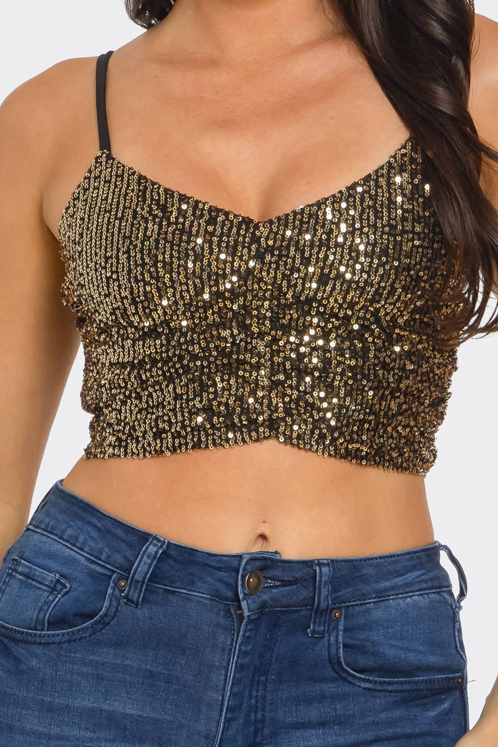Sequins Front Elastic Shirring Detail Crop Top