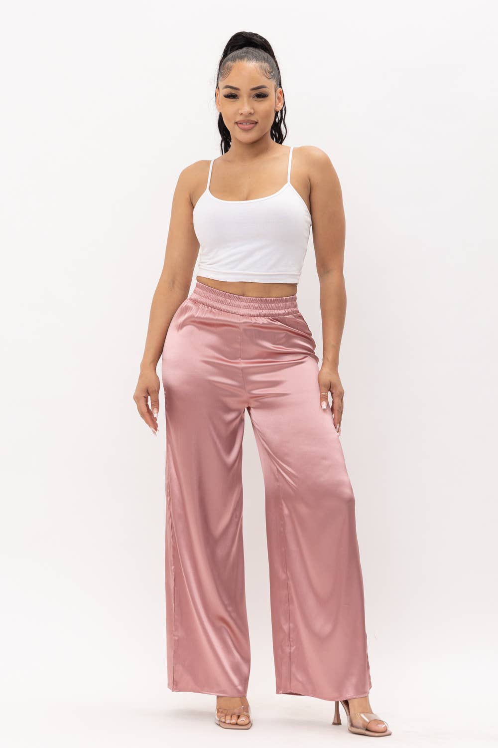 Satin Solid High Waisted Wide Leg Pants