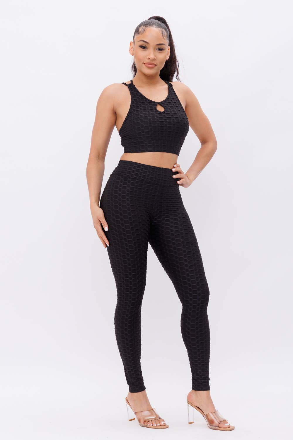 black Front Keyhole Detail Crop Top And Leggings Set