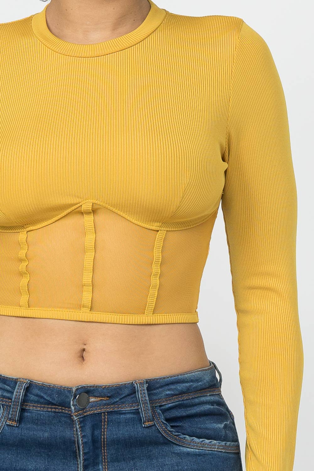 Corset Style Long Sleeve Round Neck Crop Top