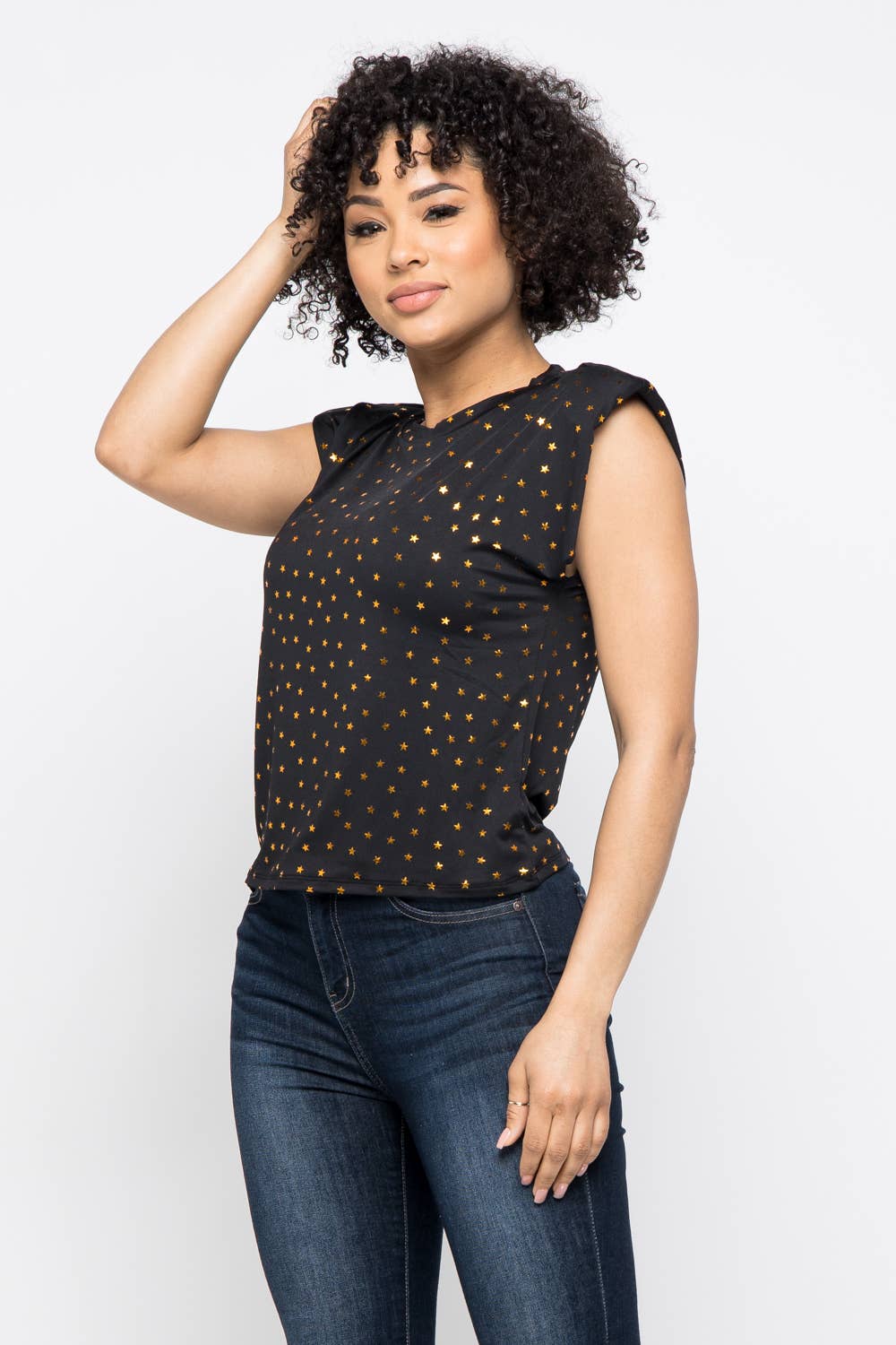 Dty Foil Star Print Shoulder Pad Trim Top