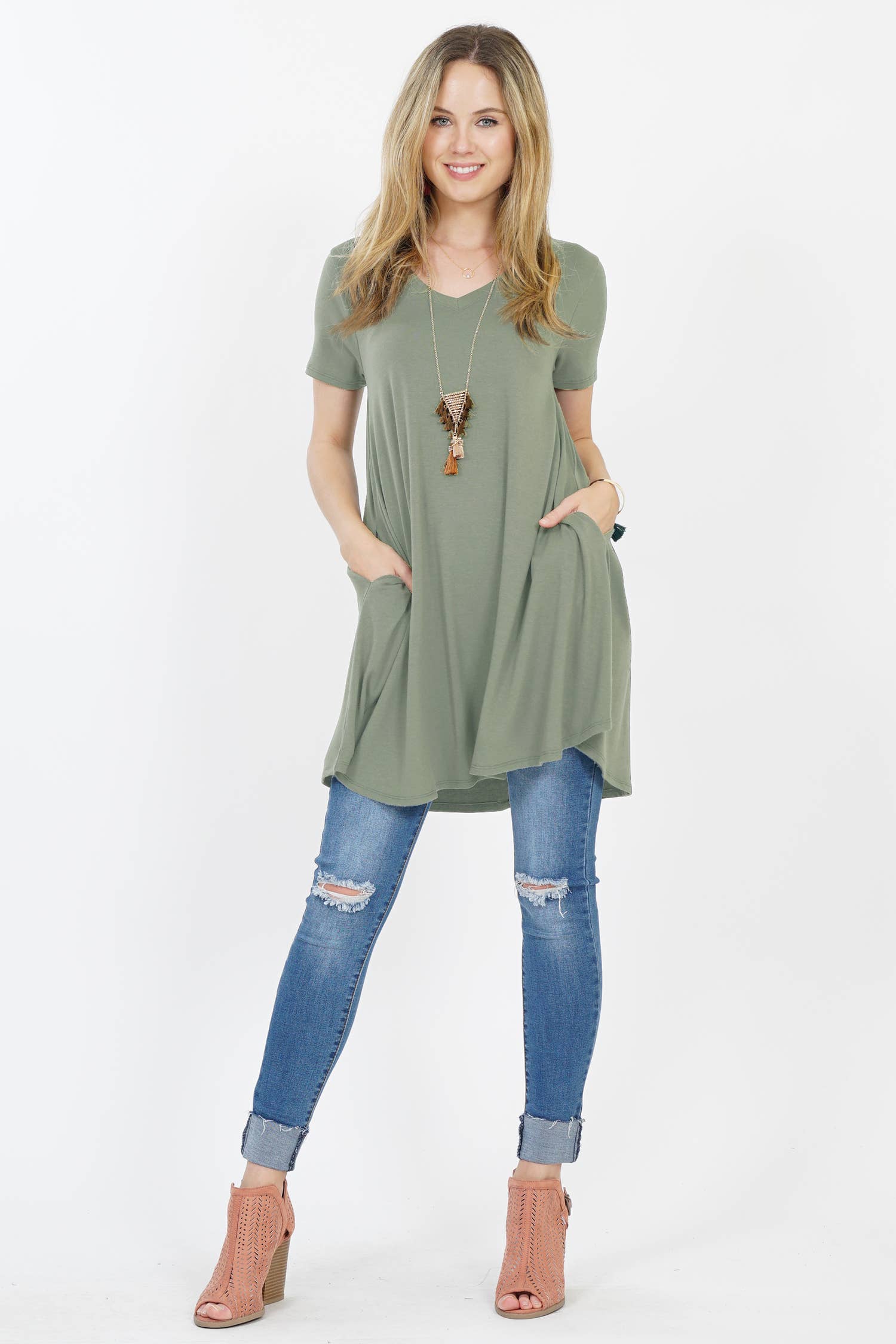 Vneck Curved Hem Two Pocket Tunic