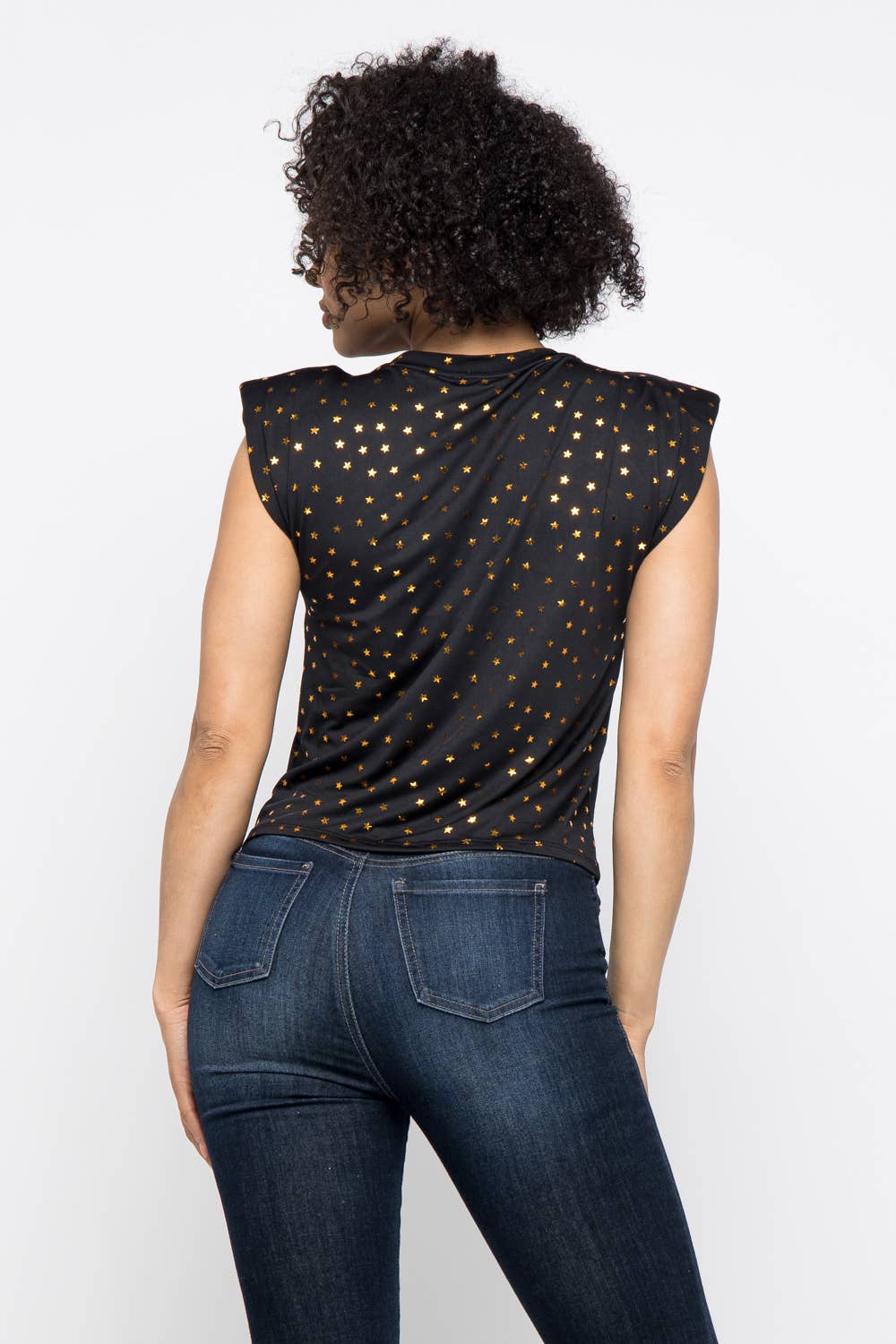 Dty Foil Star Print Shoulder Pad Trim Top
