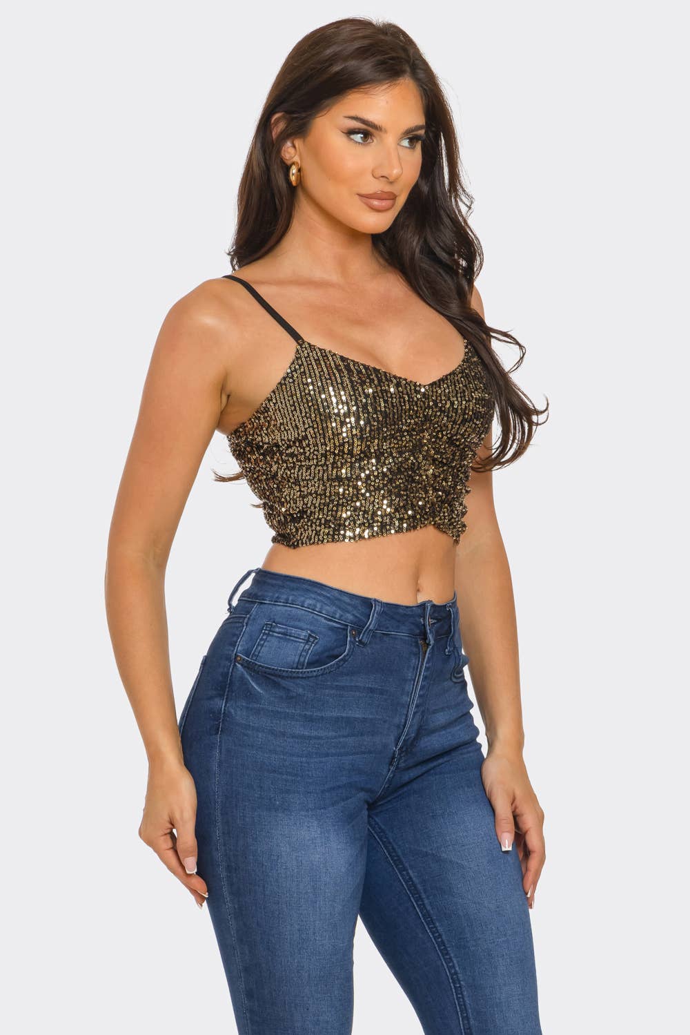 Sequins Front Elastic Shirring Detail Crop Top