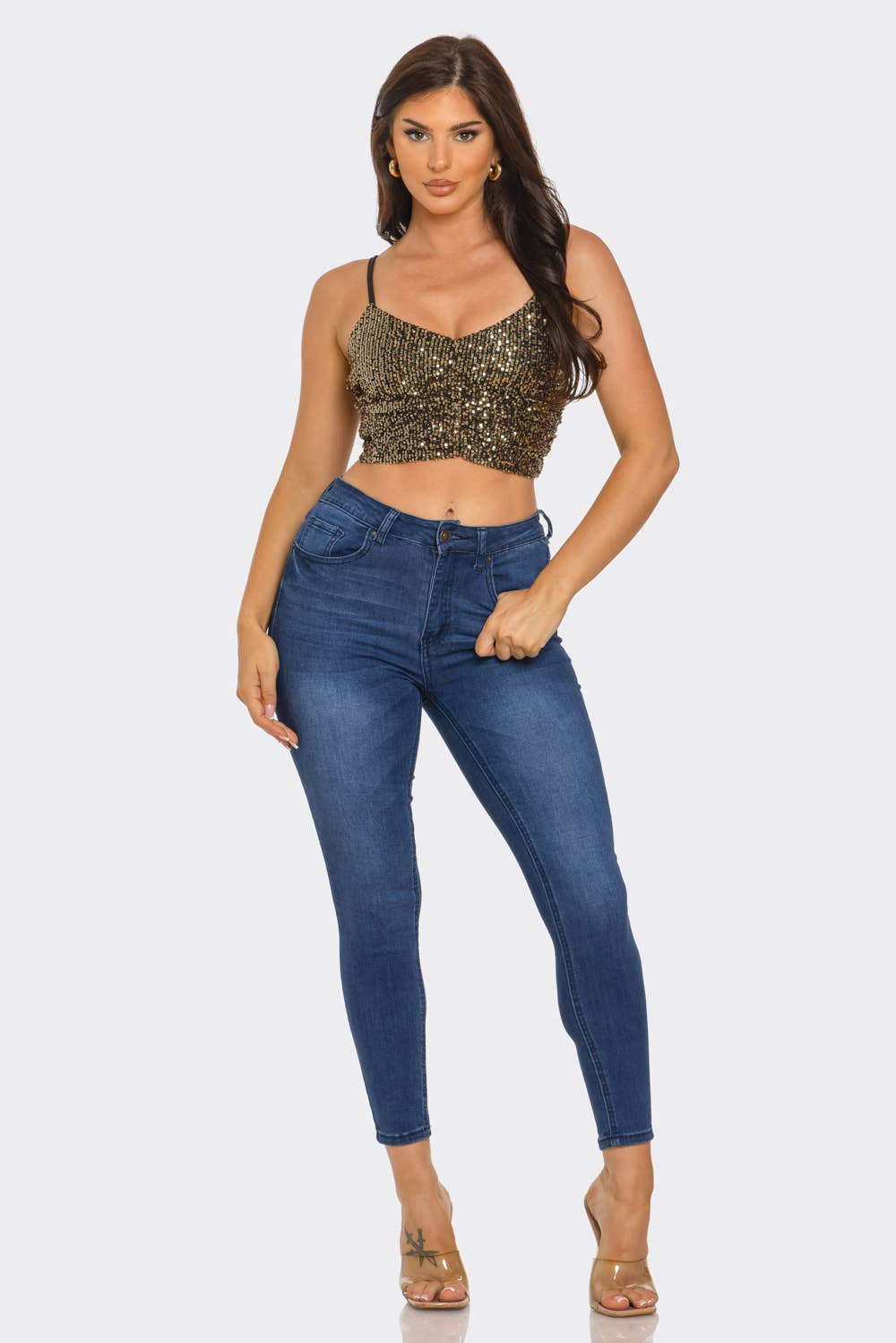 Sequins Front Elastic Shirring Detail Crop Top
