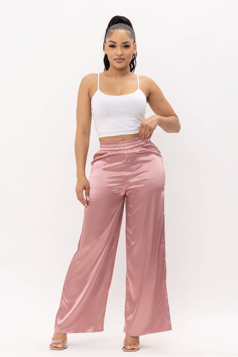 Satin Solid High Waisted Wide Leg Pants
