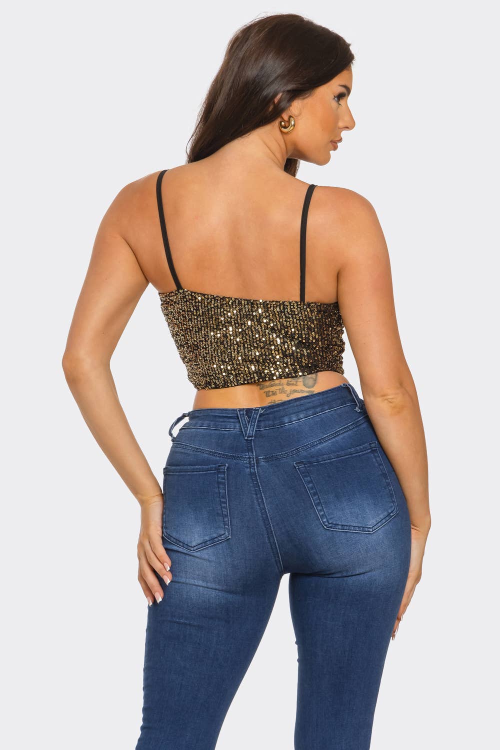 Sequins Front Elastic Shirring Detail Crop Top