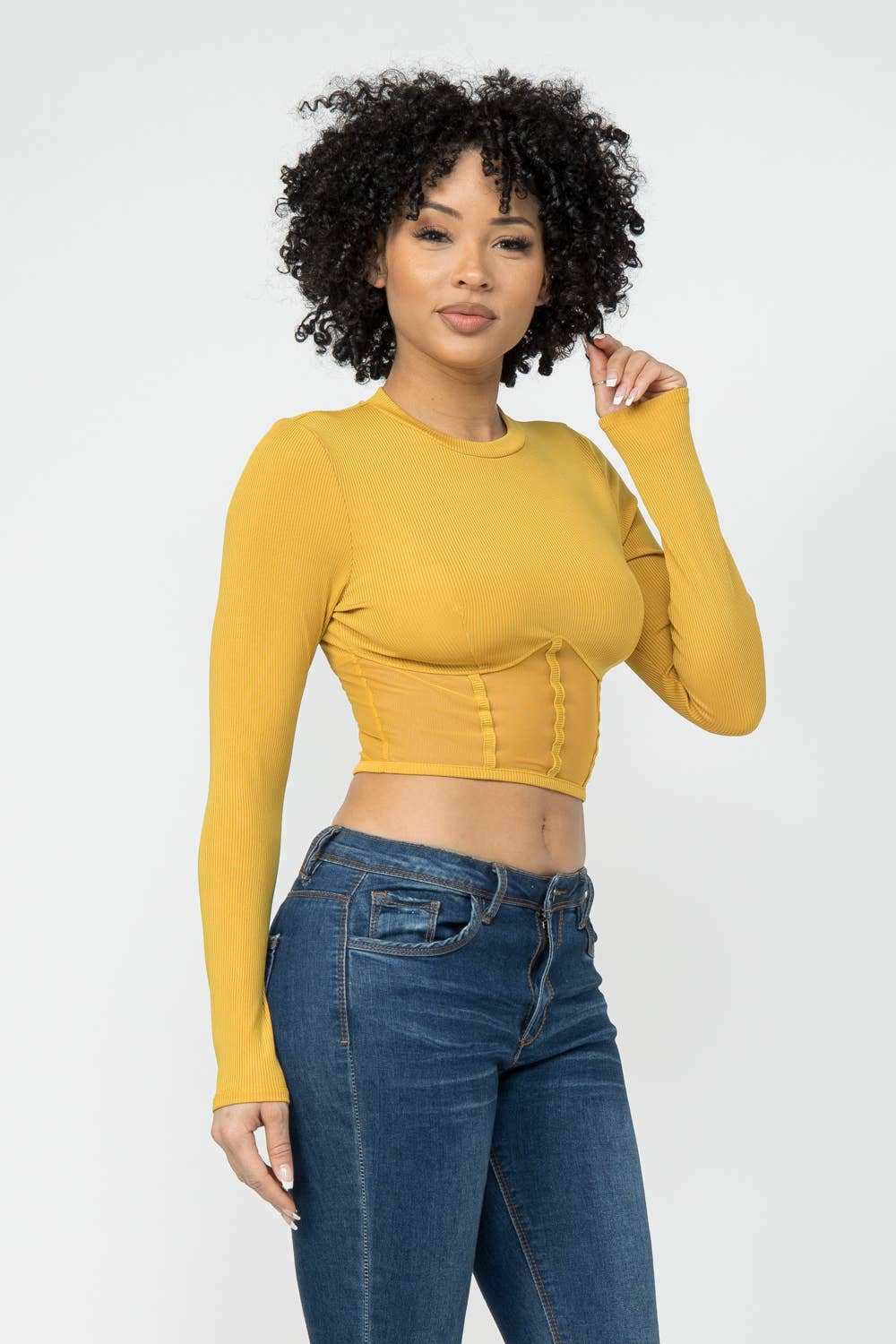 Corset Style Long Sleeve Round Neck Crop Top