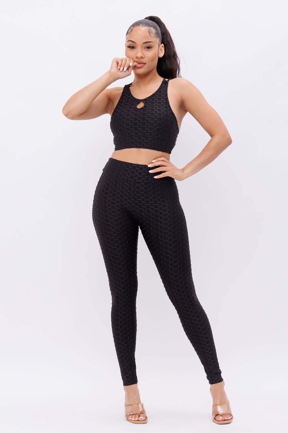 black Front Keyhole Detail Crop Top And Leggings Set