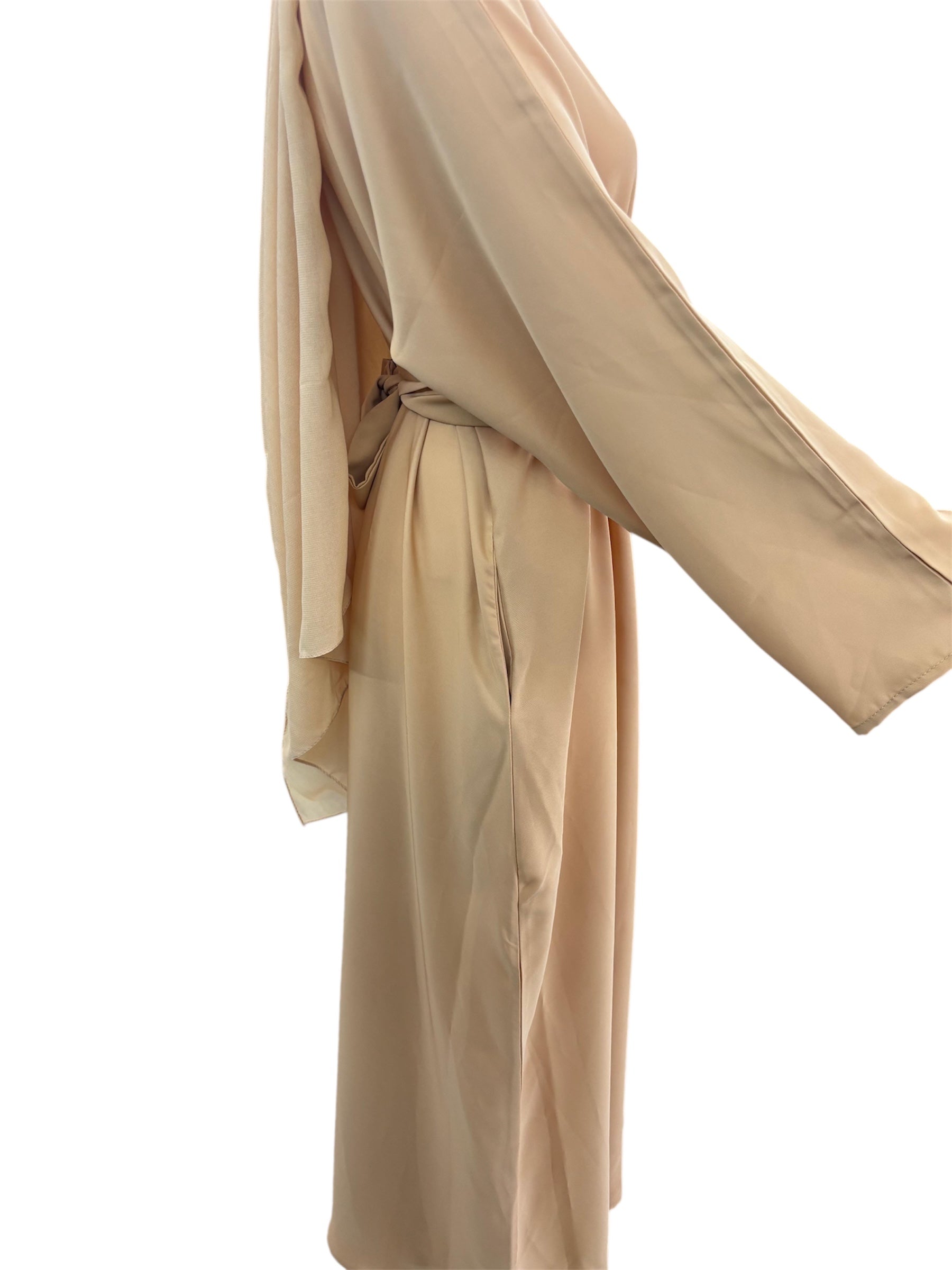 biege solid colored abaya with matching scarf and belt