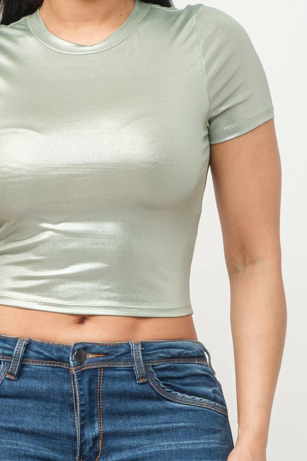 Solid Round Neck Slinky Foil Crop Top