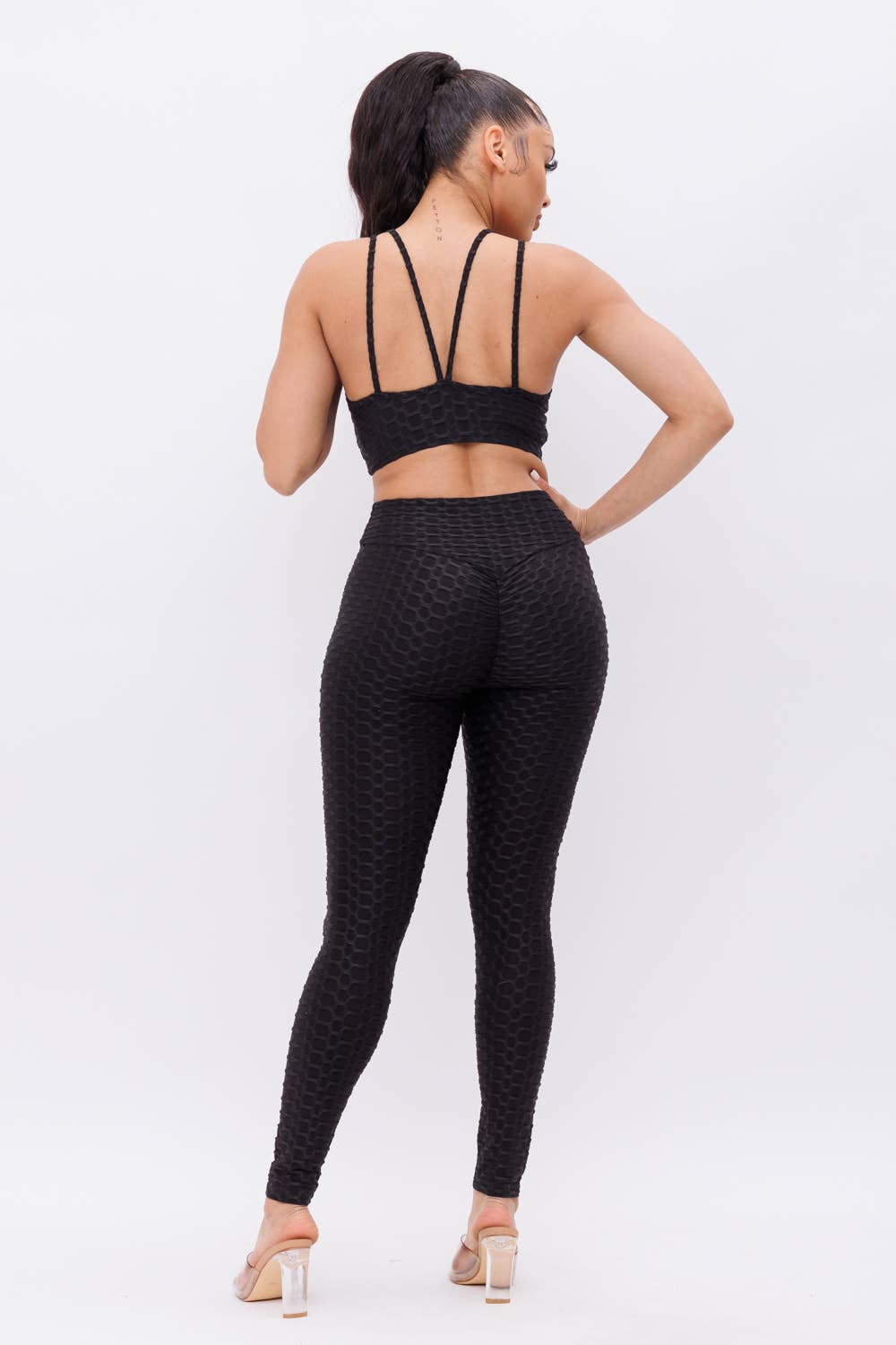 black Front Keyhole Detail Crop Top And Leggings Set