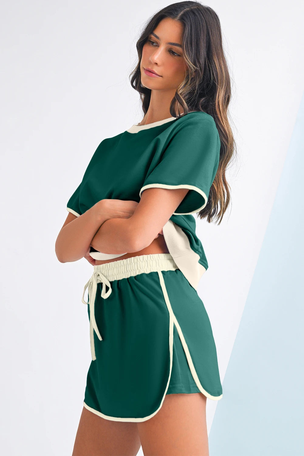 EVERGREEN COLORBLOCK EDGE DROP SHOULDER T-SHIRT AND SKORT SET