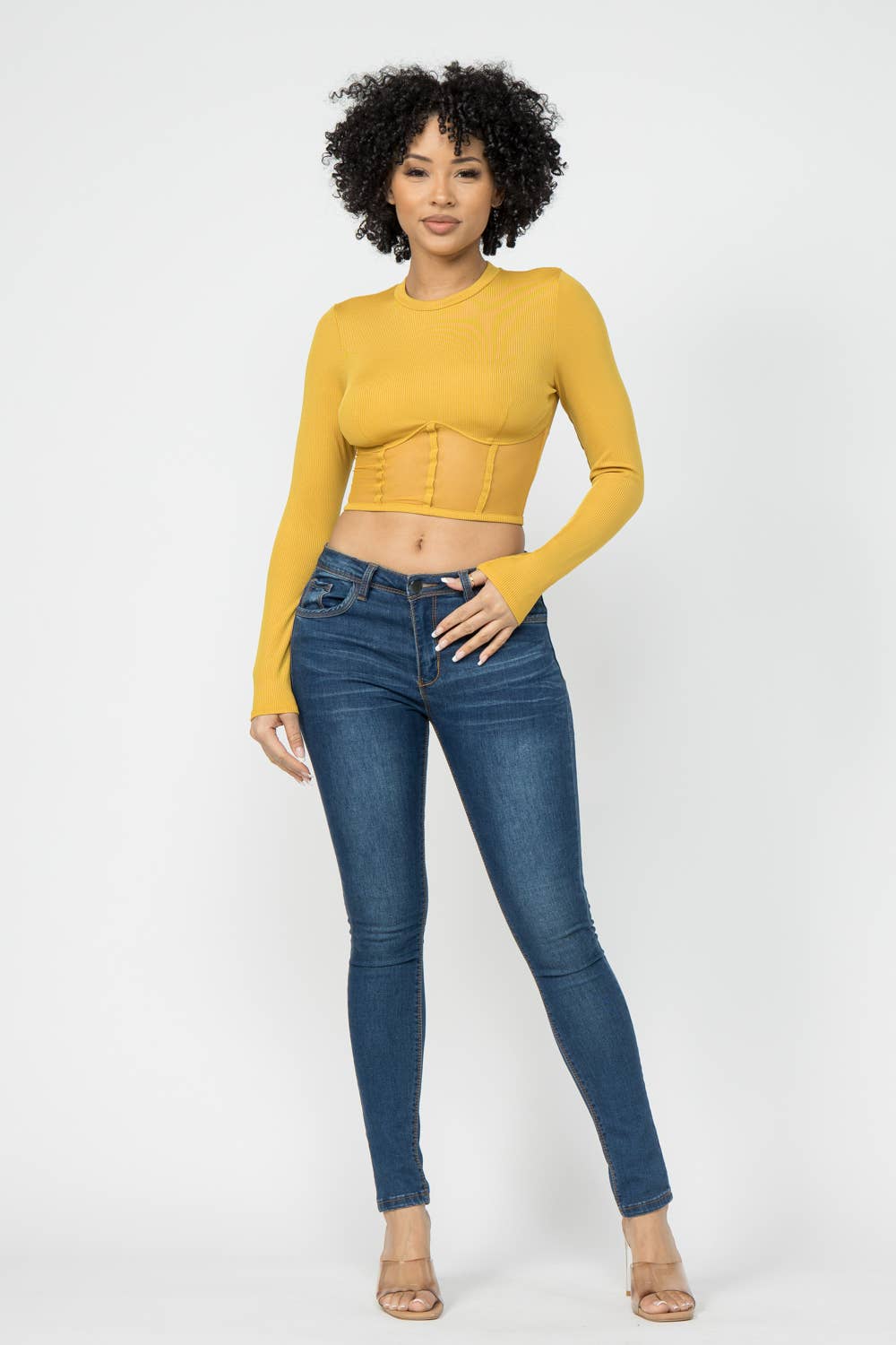 Corset Style Long Sleeve Round Neck Crop Top
