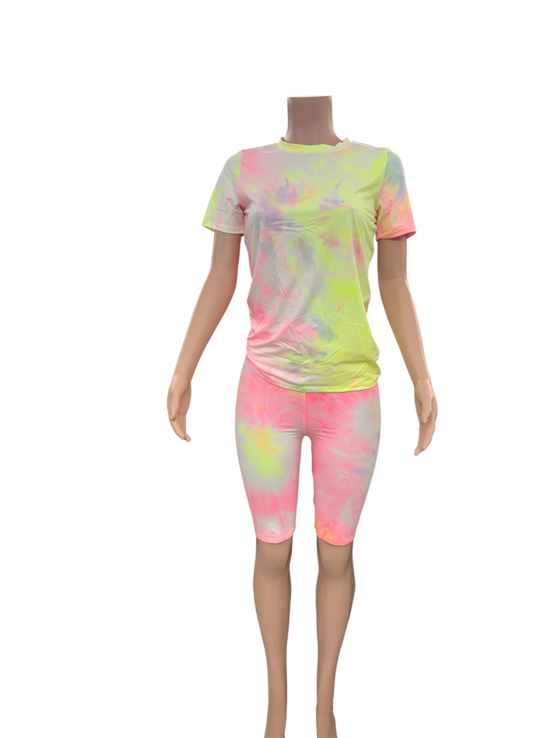 2 Piece Buttery Smooth Pink and Yellow Tie Dye Biker Shorts and T-Shirt Set