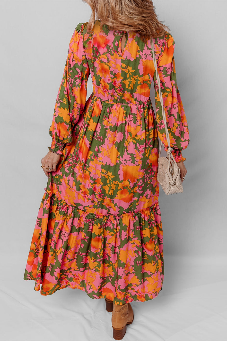 Floral Puff Sleeve Smocked Bodice Ruffle Maxi Dres