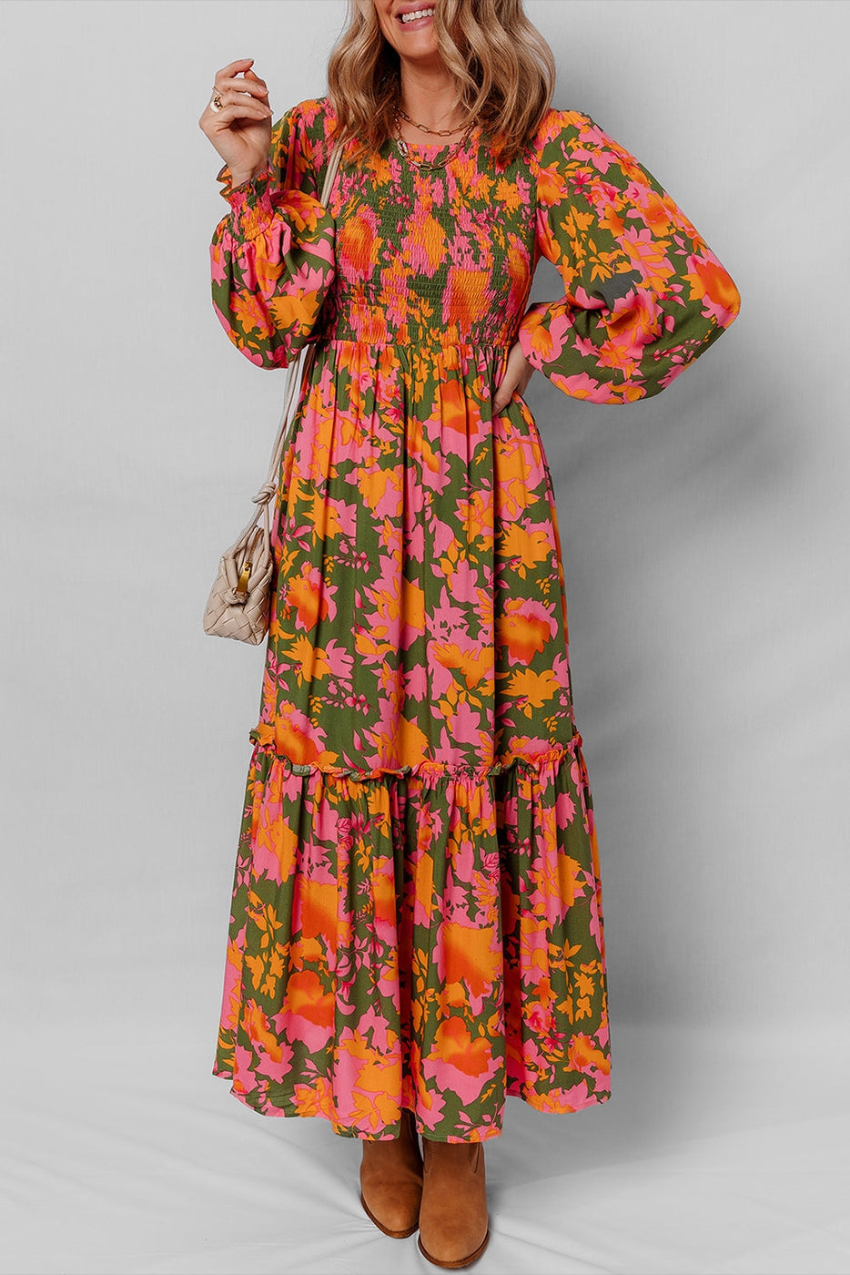 Floral Puff Sleeve Smocked Bodice Ruffle Maxi Dres