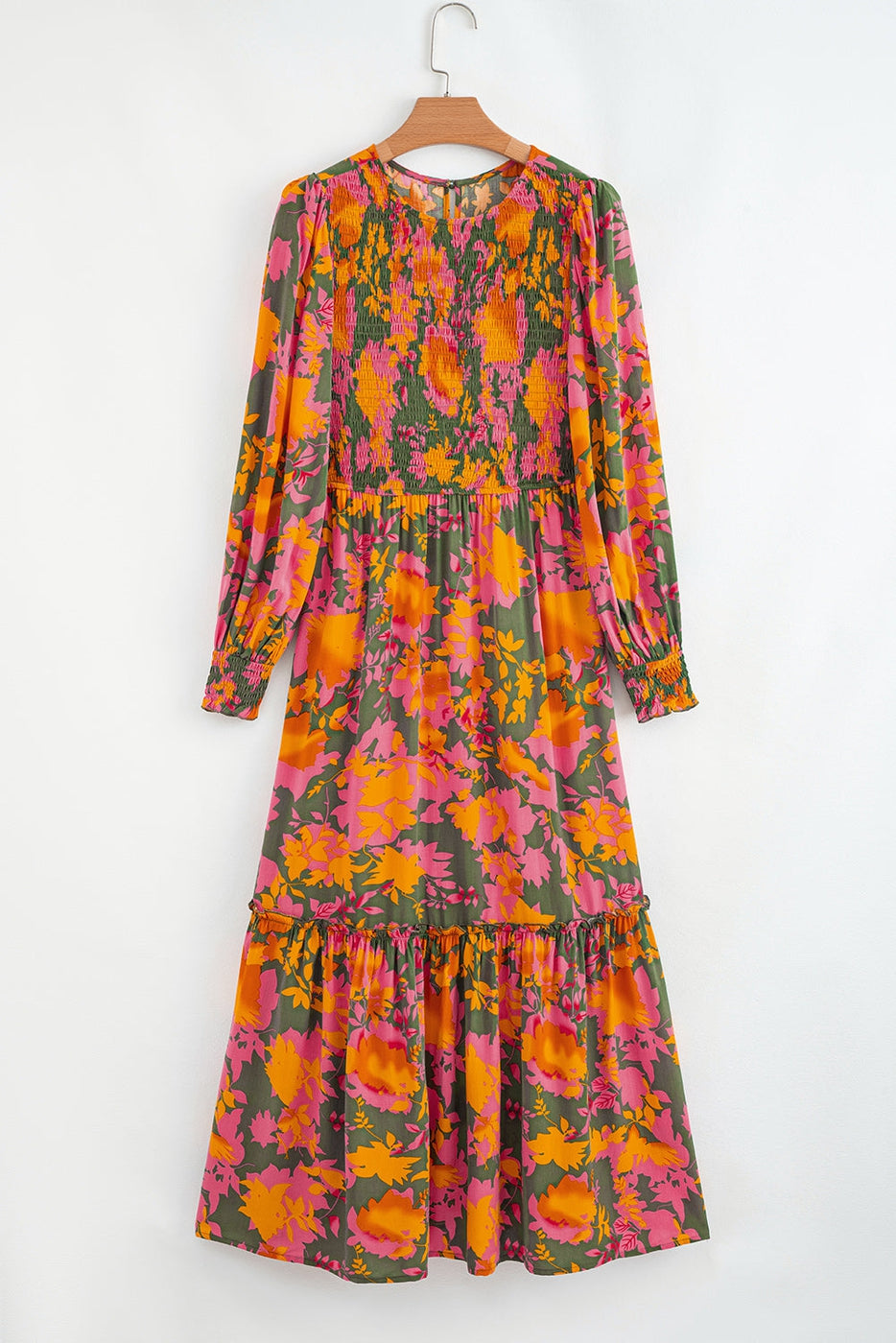 Floral Puff Sleeve Smocked Bodice Ruffle Maxi Dres