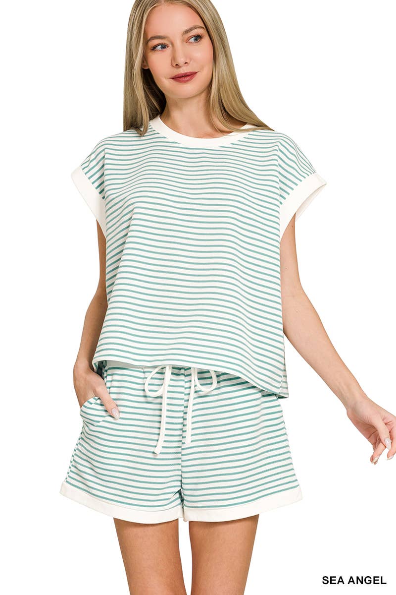 Stripe Contrast Trim Top & Shorts Set