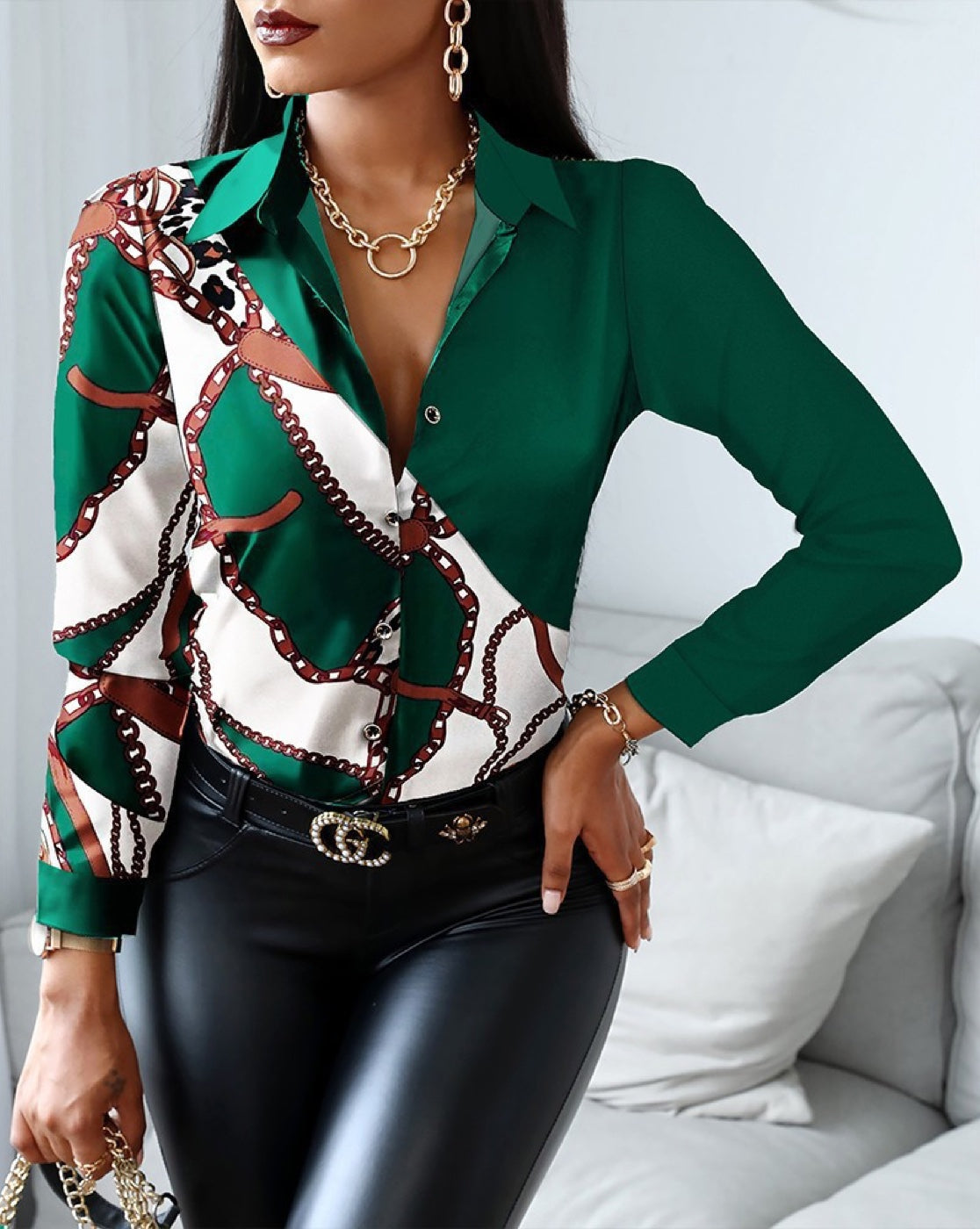 Satin Blouses Printed Long Sleeve Shirts