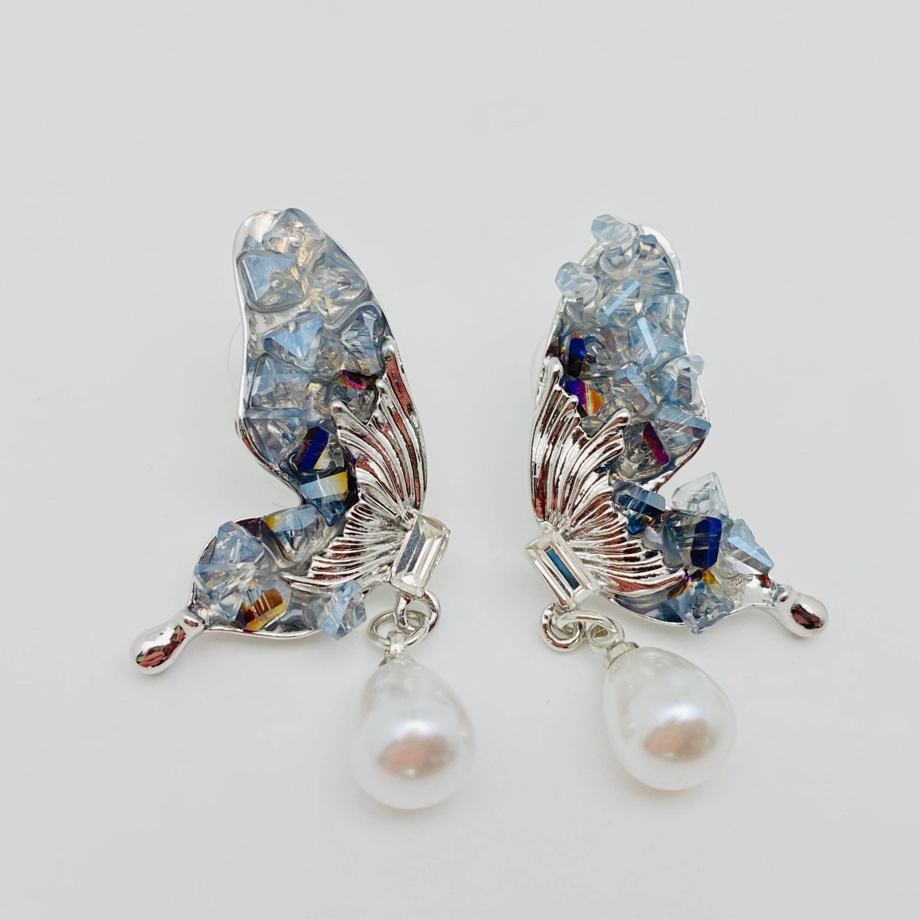 Pearl Pendant Crystal Wings Butterfly Earrings
