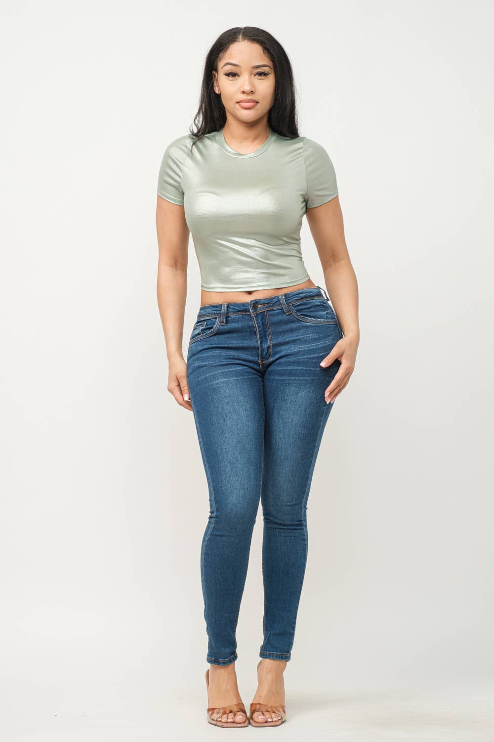 Solid Round Neck Slinky Foil Crop Top