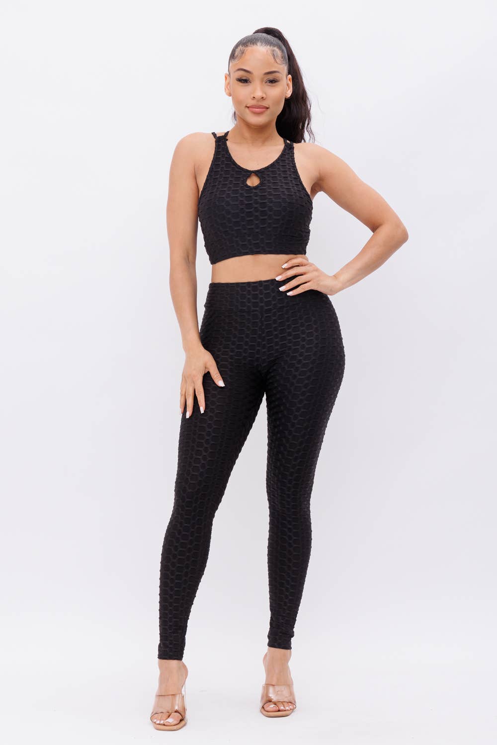 black Front Keyhole Detail Crop Top And Leggings Set