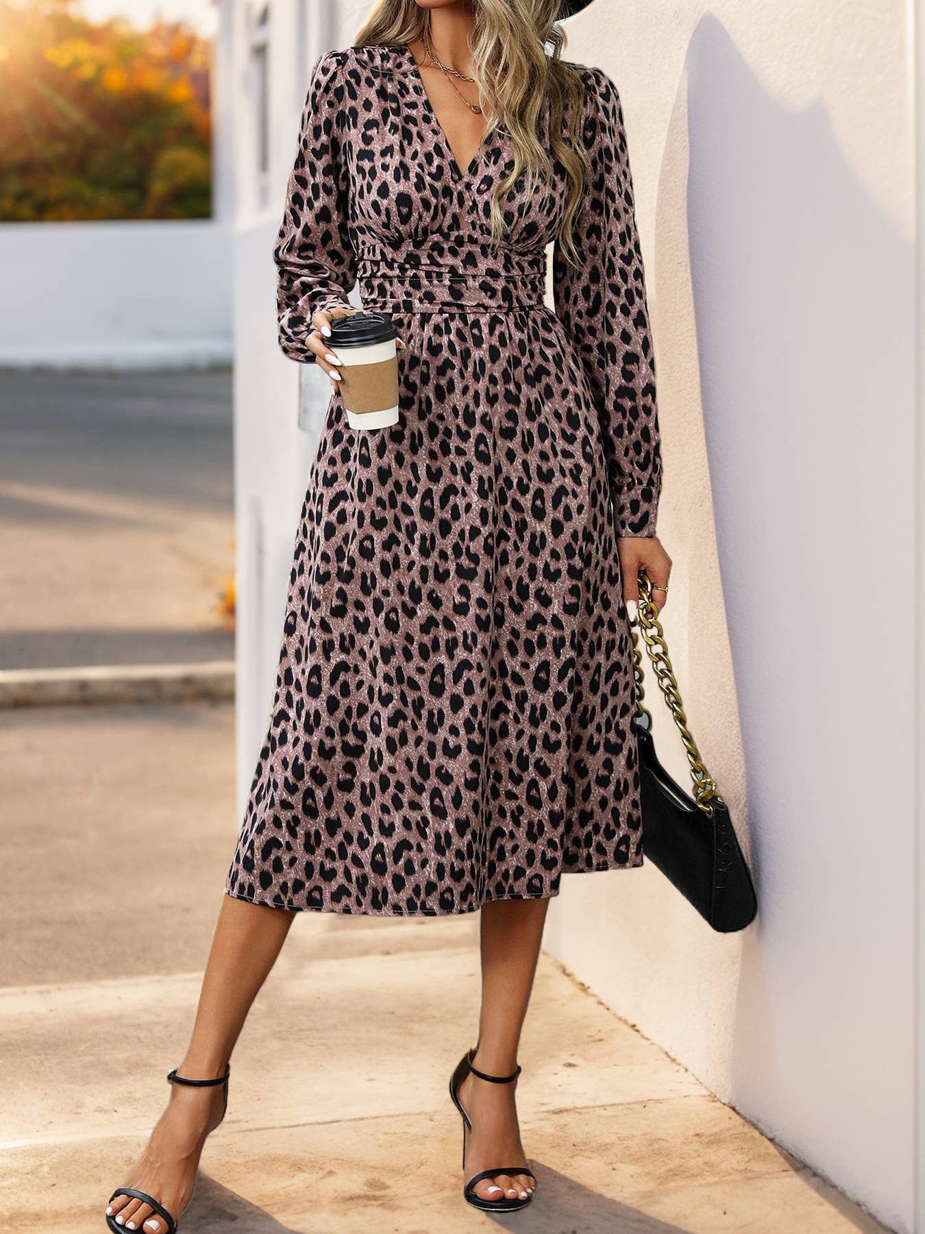 High-Waisted V-Neck Leopard Print Long-Sleeved Dress