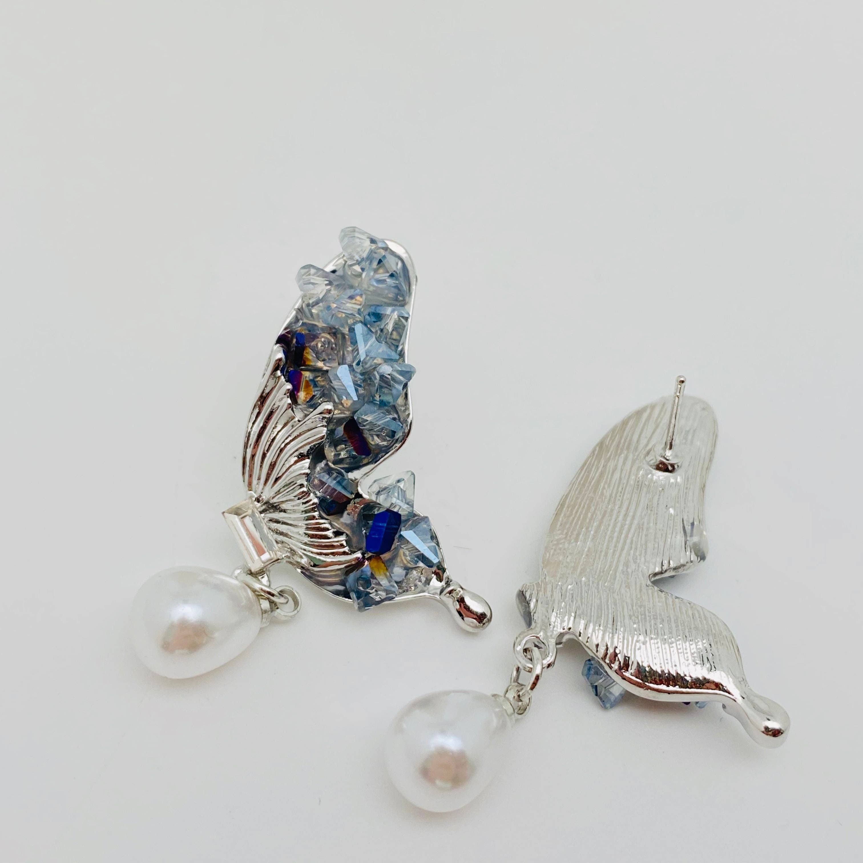 Pearl Pendant Crystal Wings Butterfly Earrings
