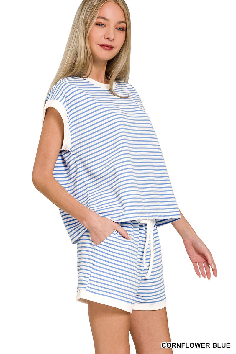 Stripe Contrast Trim Top & Shorts Set