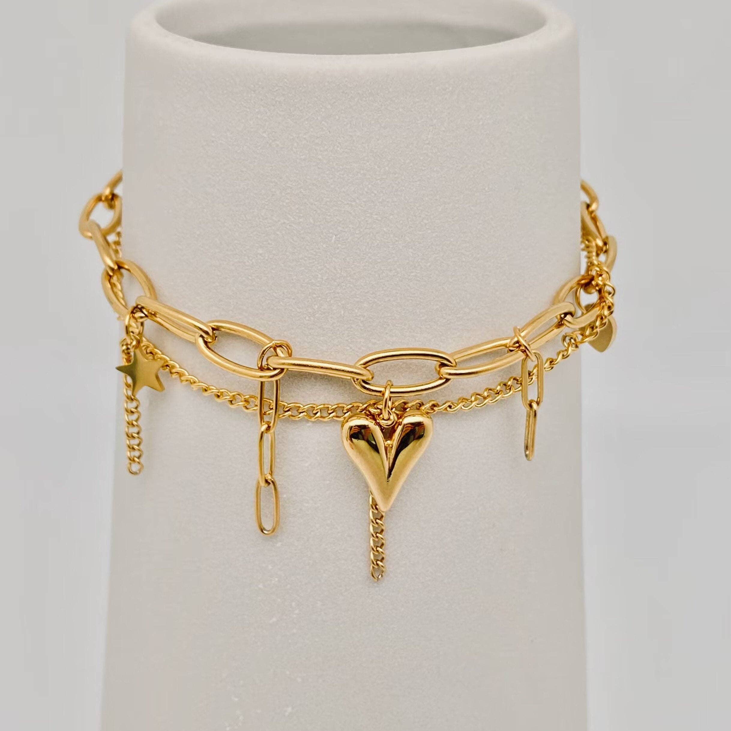 Star Heart Charm 18K Gold Plated Double Chain Bracelet - FGS