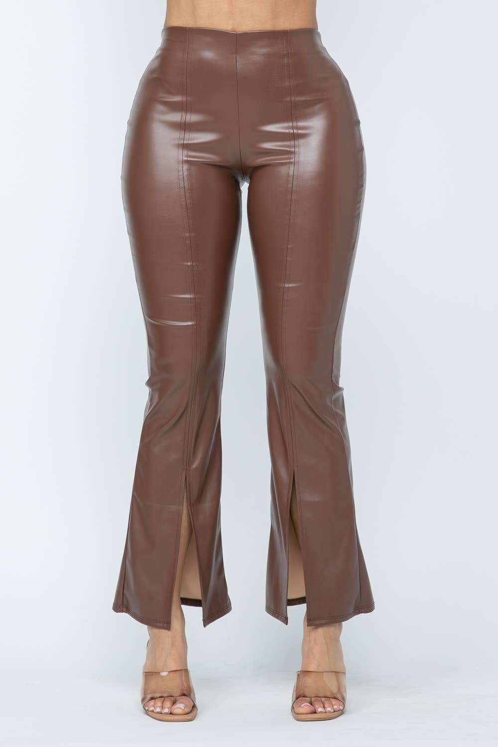 Pu Leather High Waisted Front Slit Hem Back Zipper Pants