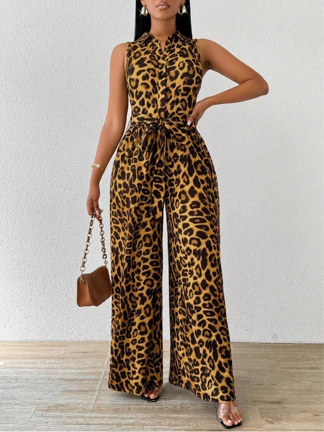 Leopard Print Sleeveless Shirt Collar Wide Leg Jumpsuit
