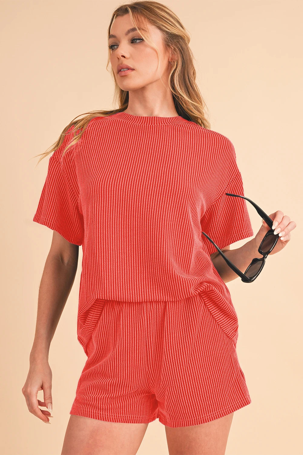 Ribbed texture loose fit tee & shorts set