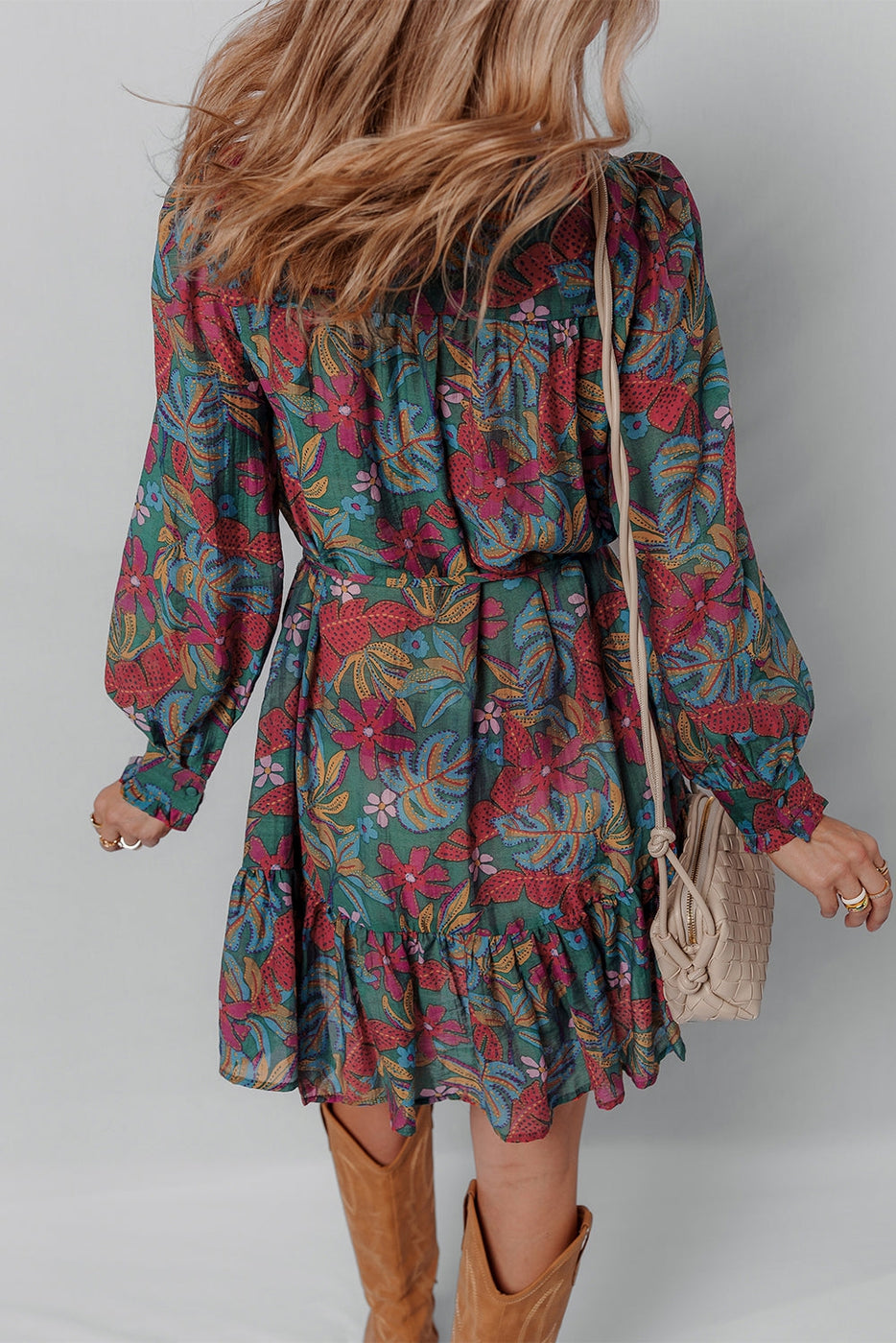 Floral V-Neck Puff Sleeve Ruffle Shirt Dress