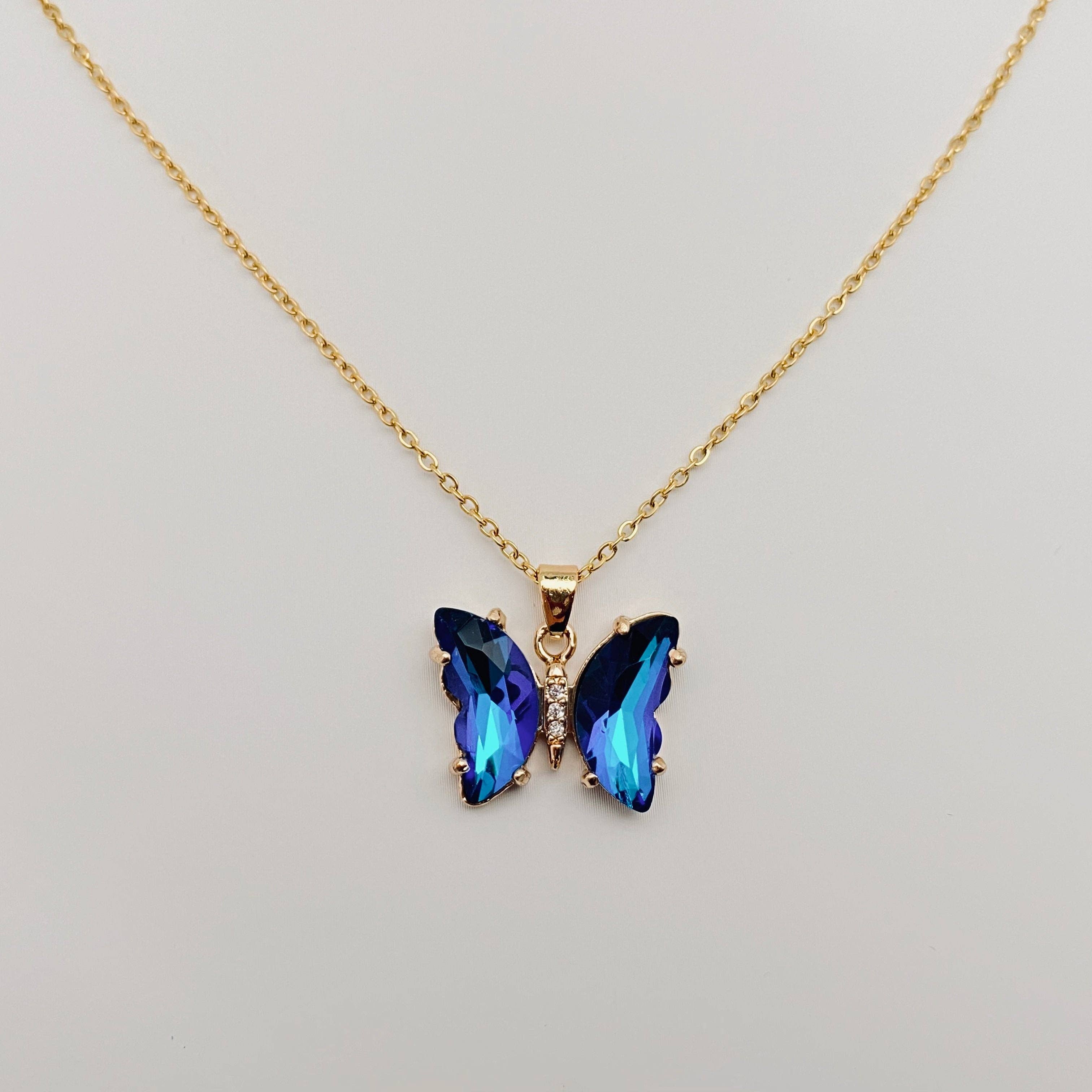 Ladies Multicolor Glass Butterfly Pendant Necklace