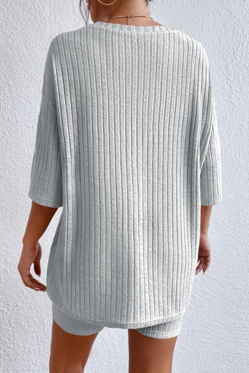 Gray Ribbed Knit Drop Shoulder T Shirt and Shorts Set