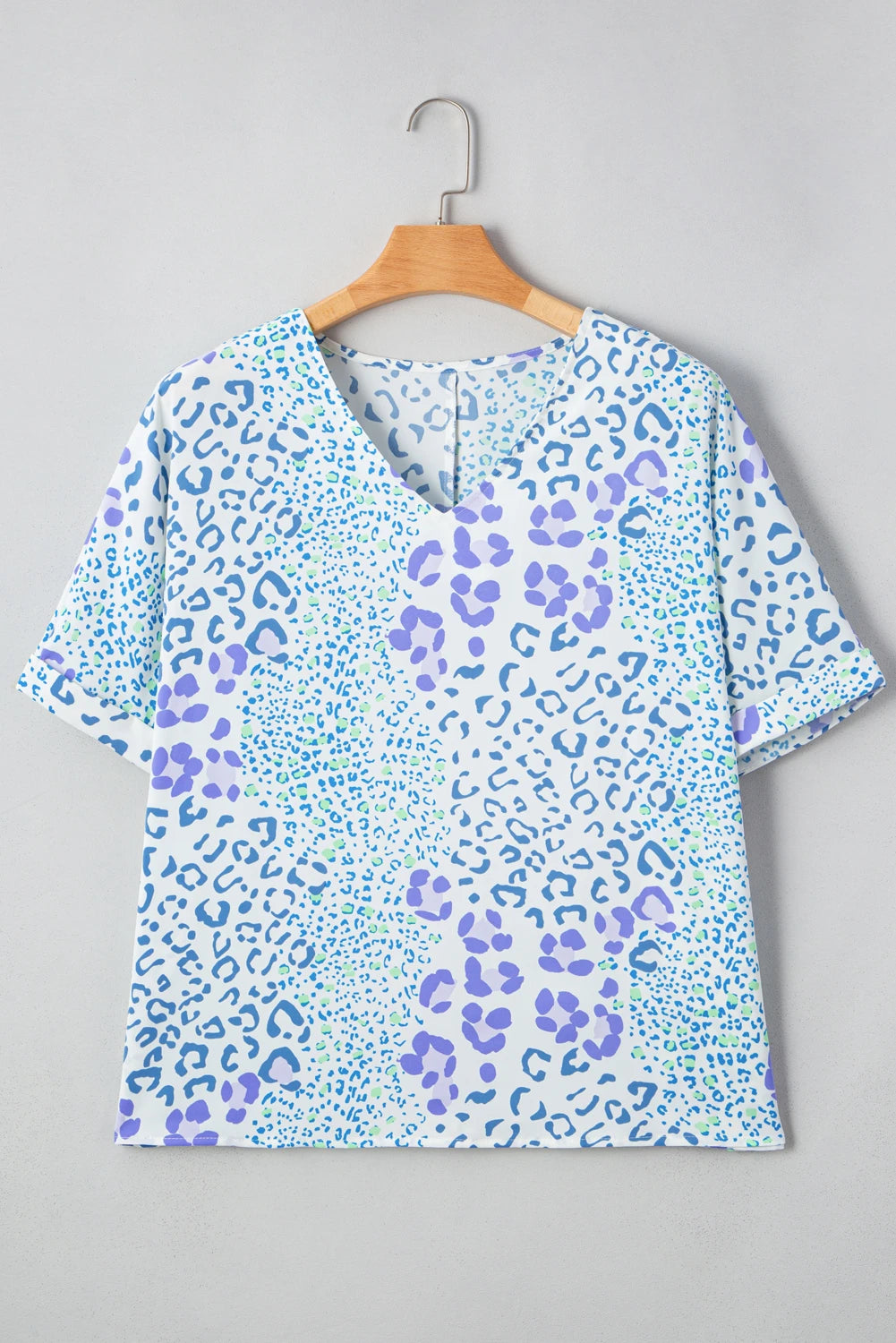 Sky Blue Leopard Print V Neck Short Sleeve Plus Size Top