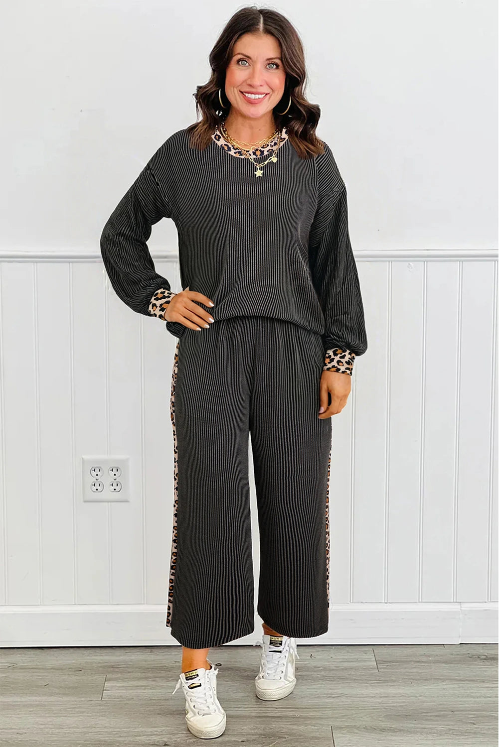 Carbon Grey Twisted Rib Leopard Patchwork Detail 2pcs Pants Set