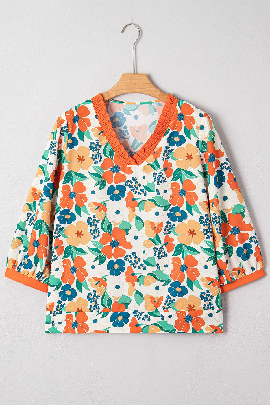 Floral Frilled V-Neck 3/4 Sleeve Blouse