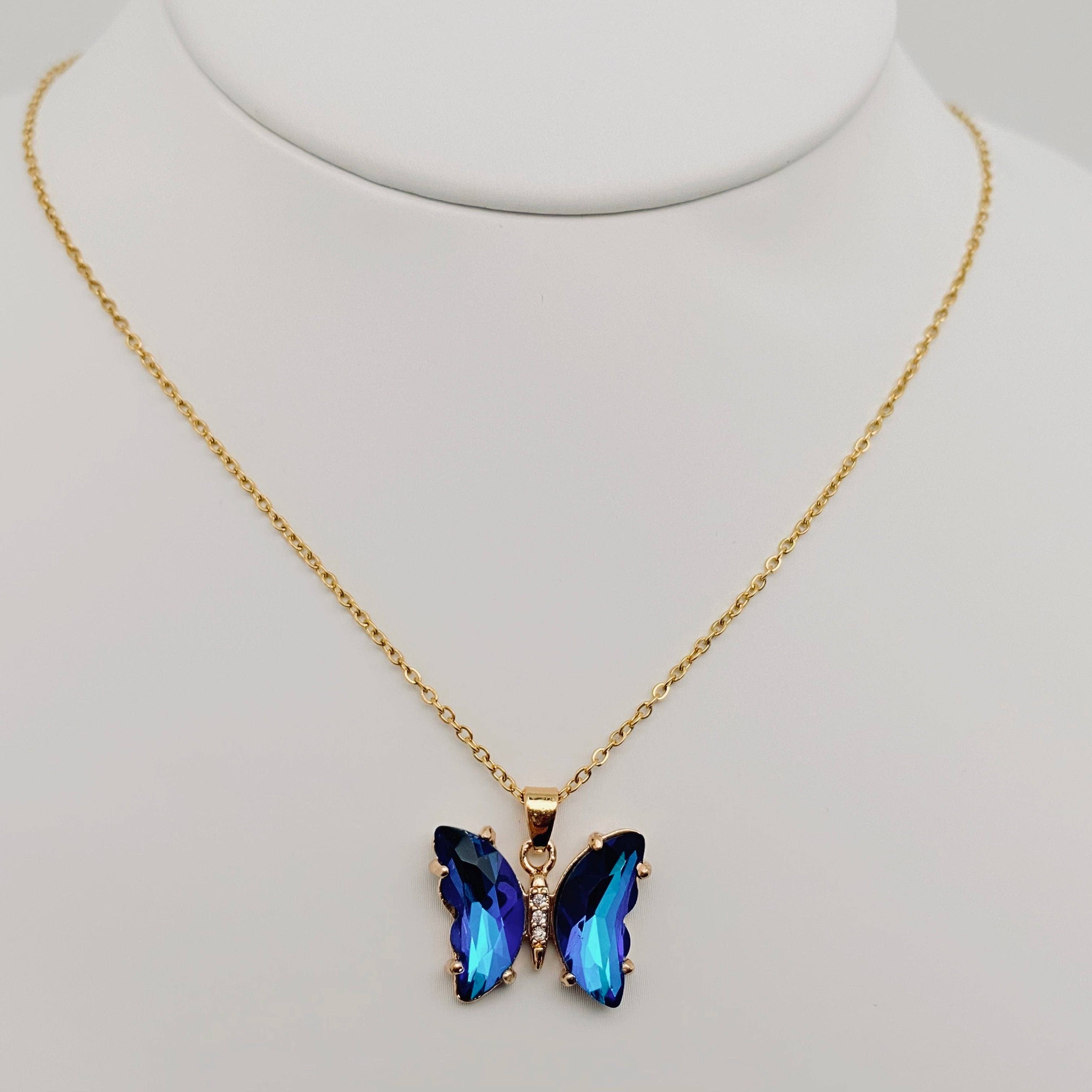 Ladies Multicolor Glass Butterfly Pendant Necklace