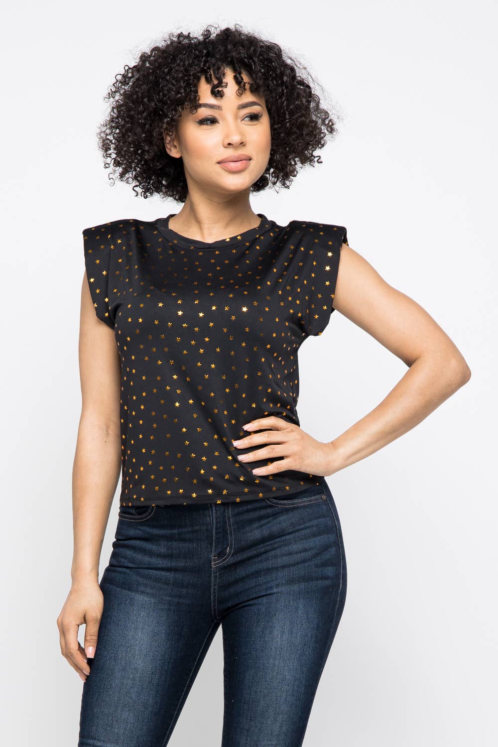 Dty Foil Star Print Shoulder Pad Trim Top