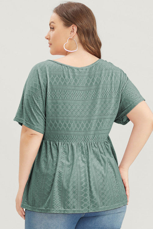 Green Plain Cut Out Plus Size Babydoll Blouse