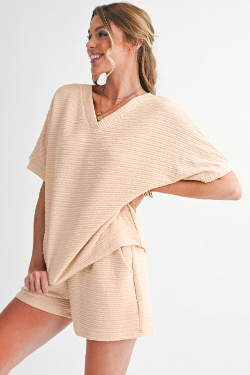 Apricot Textured V Neck T Shirt and Shorts Set