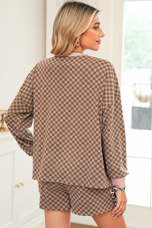 Brown Checkerboard Contrast Trim Long Sleeve Pullover and