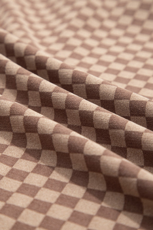 Brown Checkerboard Contrast Trim Long Sleeve Pullover and